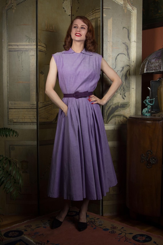 1950s Dress - Sleeveless Vintage 50s Lilac Purple Cotton Day Dress