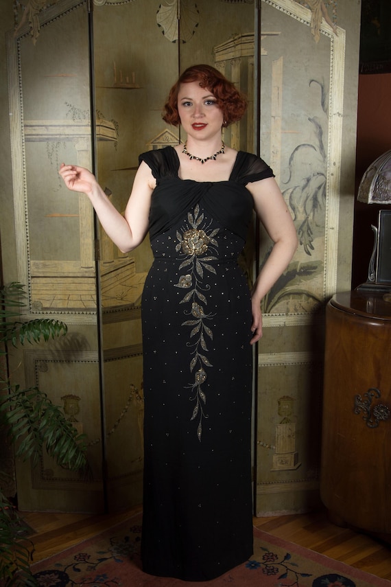 1950s Dress - Bombshell Vintage Early 50s Columnar Evening Gown with Beads and Golden Sequin Embellishment