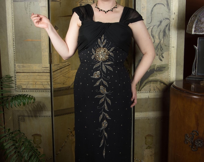 1950s Dress - Bombshell Vintage Early 50s Columnar Evening Gown with Beads and Golden Sequin Embellishment