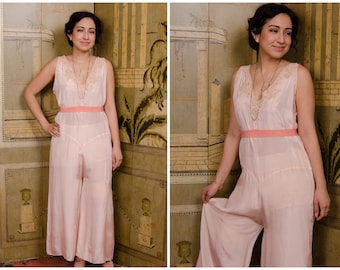 1930s Loungewear - Rare One Piece Vintage 30s Jumpsuit Pajamas in Pale Pink with Lace and Applique