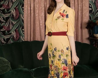 1940s Dress - Lush True Vintage 1940s Rayon Jersey Day Dress with Floral Border Print and Applique on Butter Yellow Ground
