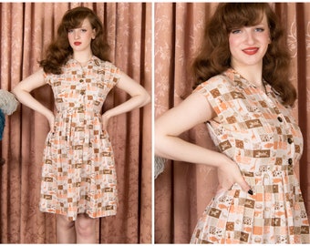 TAG SALE 1950s Dress - Late 50s Novelty Print Day Dress in Checkered Animal Print of Peach and Brown with Cropped Skirt
