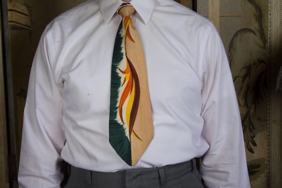 Vintage 1940s Striking Airbrush Handpainted Wide Tie with Swirling Autumn Hues