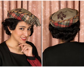 TAG SALE 1910s Edwardian Hat - Exceptional Antique 1910s Wool  Cap in Wool Tartan Plaid and Printed Felt with Large Twisted Tassels