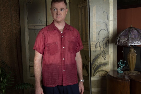 Vintage 1950s Sheer Nylon Seersucker Loop Collar Patch Pocket Short Sleeve Shirt in Burgundy Red