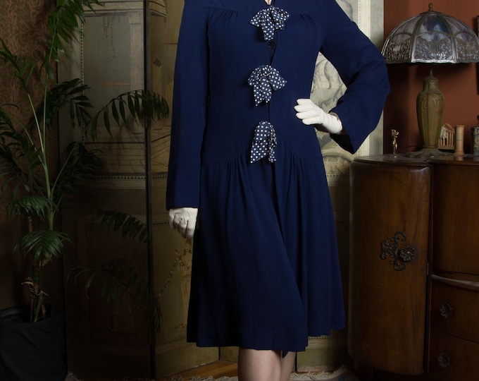 1940s Dress - Vintage Late 30s/Early 40s Navy Blue Redingote Overdress with Soutache Volup