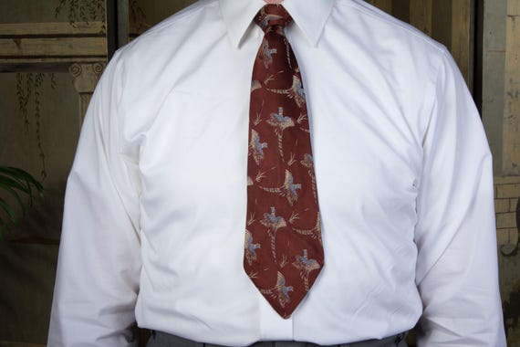 Vintage 1920s Pheasant Brocade Tie in Chocolate Brown with Blue, Ivory and Burgundy