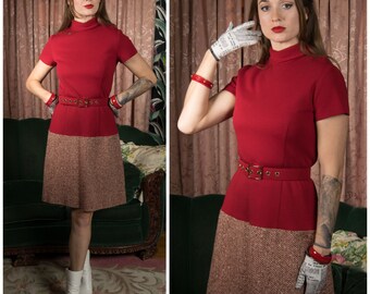 1960s Coat - Bold Vintage 60s Brick Red Knit and Woven Tweed Skirt Mod Day Dress with Brass Accent Belt