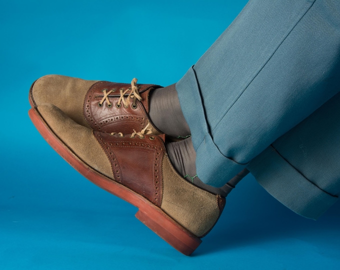 1980s Vintage Shoes Size 10  - Classic Two Tone Buck Saddle Shoes in Leather and Suede with Red Brick Sole