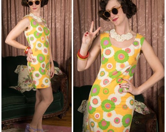 1960s Dress - Cutest Vintage 60s Summer Flower Power Mod Mini Dress in Bright Yellow with Bold Daisies