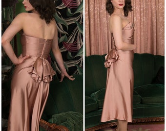 1950s Gown - Exquisite Vintage 50s Strapless Matte Satin Cocktail Dress with Back Drape