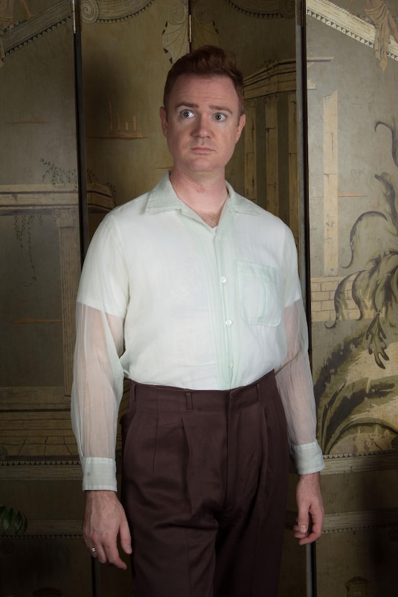 Vintage 1950s Sherbrook Sheer Nylon Seersucker Patch Pocket Long Sleeve Shirt in Palest Mint Green