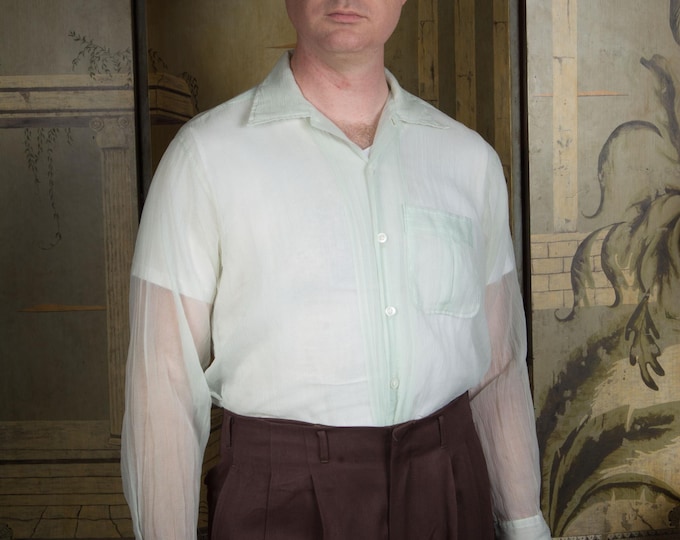 Vintage 1950s Sherbrook Sheer Nylon Seersucker Patch Pocket Long Sleeve Shirt in Palest Mint Green