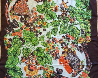 1940s Scarf -  Elegant Vintage 40s Large Silk Novelty Scarf in 18th Century Costume Theme
