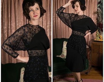 1940s Dress - Deadly 40s Femme Fatale Cocktail Dress in Black Rayon and Sheer Beaded Lace with Deep Dolman Sleeves and Nude Illusion