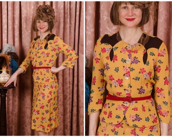 1930s Suit - Charming Vintage Printed Rayon MeshTwo Piece Skirt Set in Mustard with Polka Dot Floral