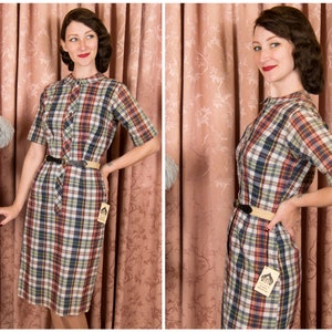 1950s Dress - Deadstock Vintage Late 50s Madras Plaid Day Dress with Original Woven Belt