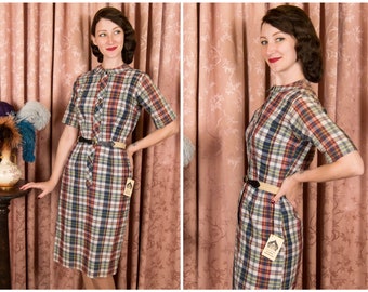 TAG SALE 1950s Dress - Deadstock Vintage Late 50s Madras Plaid Day Dress with Original Woven Belt