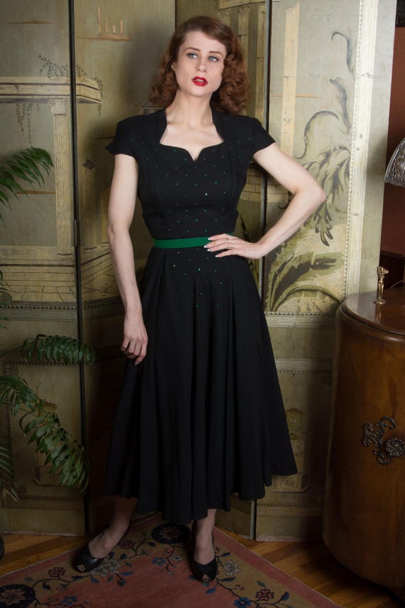 40s cocktail dress 1940s - Gorgeous Late Early 50s Doris Dodson Dress in Black Rayon With Glittering Green Rhinestones 50s dresses Size:12 month bodysuit YGroup_S13525 Is the Only Slip Right at the same