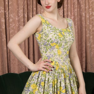 1950s Dress Painterly Vintage 50s Cotton Floral Sundress with Dropped Basque Waist in White, Periwinkle, Olive and Sunny Yellow image 6