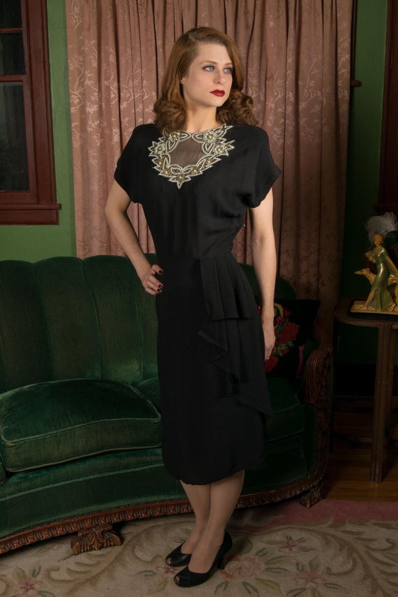 1940s Dress - Saucy Vintage 40s Noir Black Rayon Waterfall Ruffle Cocktail Dress with Sheer Beaded and Sequined Neckline