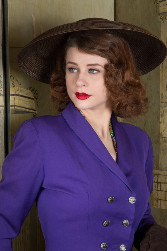 1940s Hat - Smart Brown Sculpted Wide Brim Straw 40s Tilt Hat New York Creation