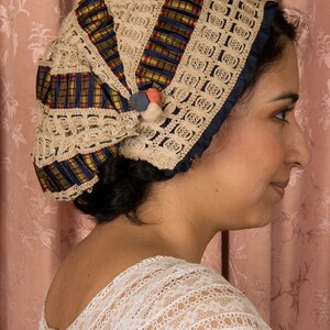 Antique Cap Gorgeous Antique Victorian Silk Cap in Tartan Plaid, Cordé Lace and Navy Silk with Silk Covered Berries Detail image 10