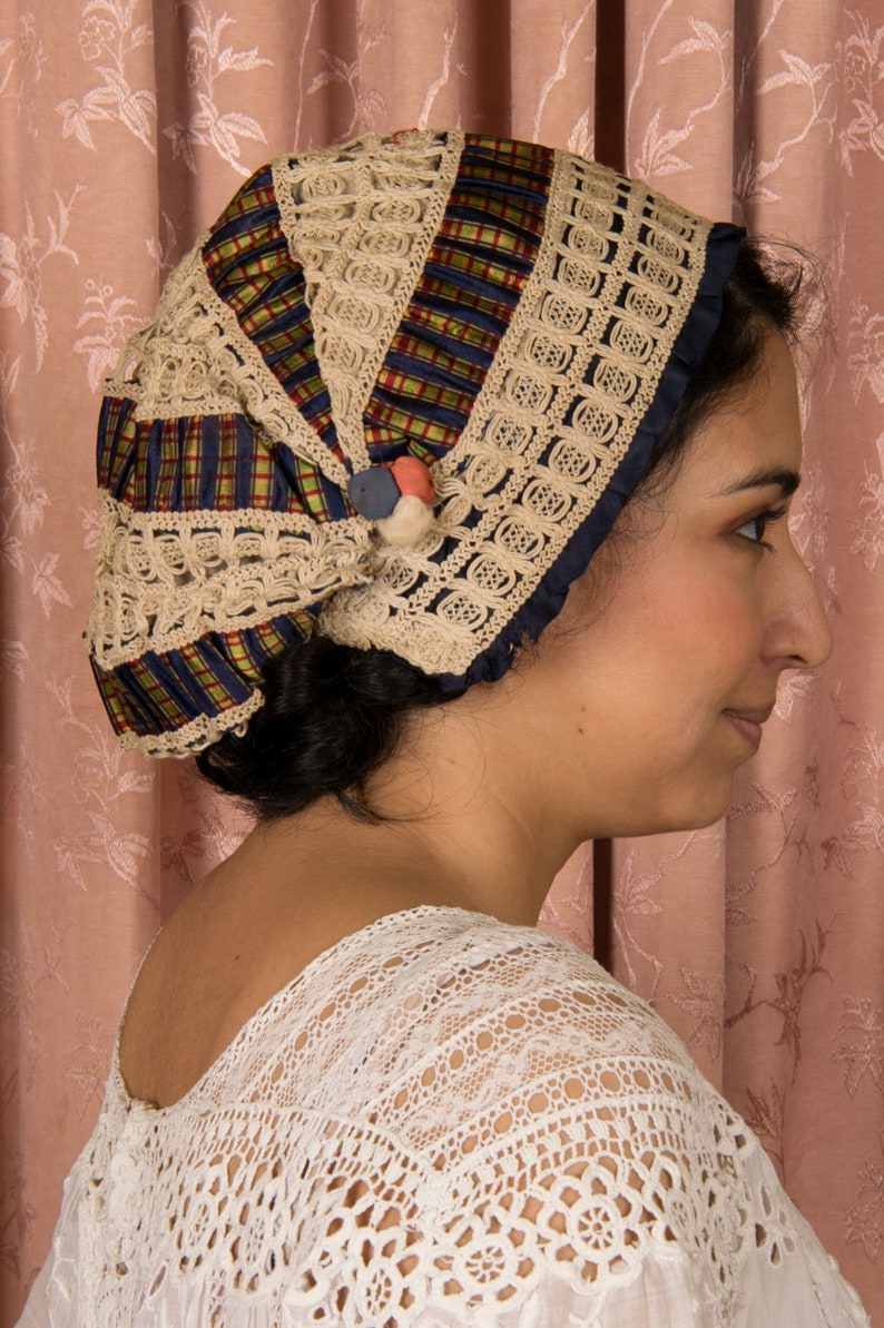 Antique Cap Gorgeous Antique Victorian Silk Cap in Tartan Plaid, Cordé Lace and Navy Silk with Silk Covered Berries Detail image 10