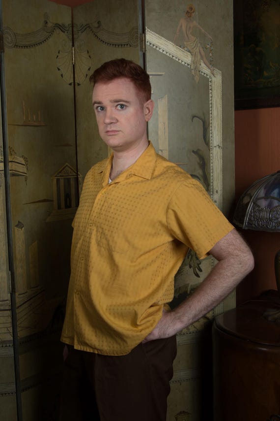 Vintage 1950s Sporty LA PAZ Cotton Loop Collar Patch Pocket Short Sleeve Shirt in Mustard Yellow Size Large