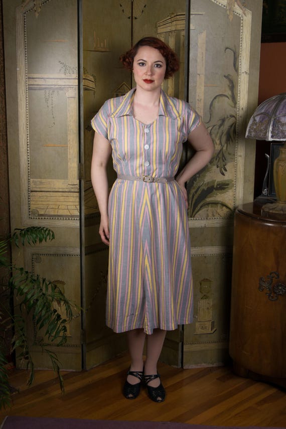 1950s Dress - Charming Pink, Grey, Yellow Striped Cotton 50s Day Dress As Is