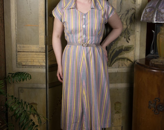 1950s Dress - Charming Pink, Grey, Yellow Striped Cotton 50s Day Dress As Is