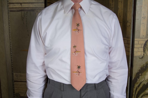 Vintage 1950s Hand Painted Necktie Tie with Pink Flamingos and Palm Tree from Penney's Towncraft