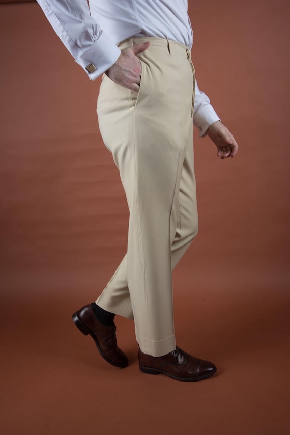 Vintage 1920s Bone Colored Herringbone Woven Wool with Flat Front and Button Fly