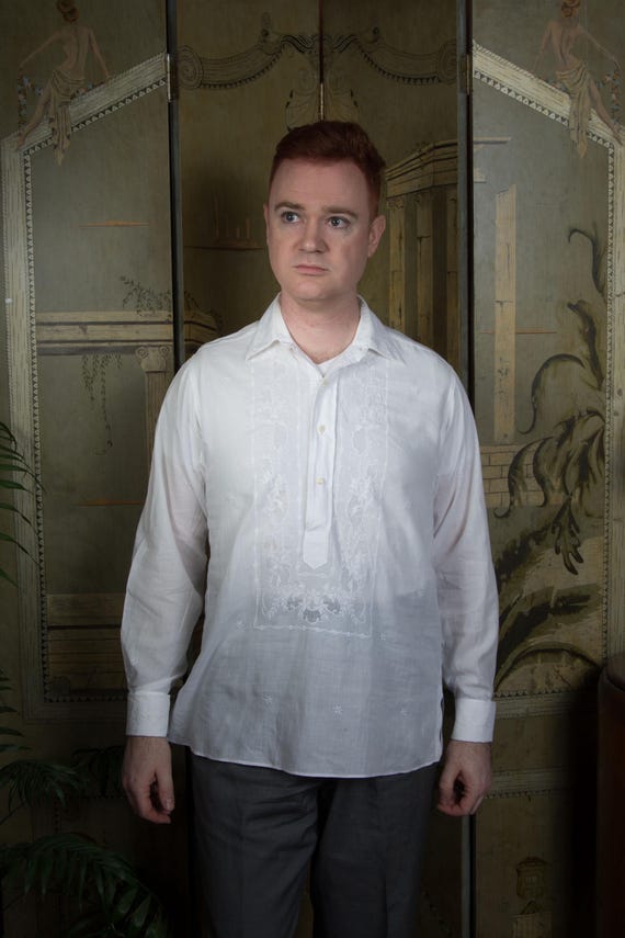 Vintage 1960s Filipino Barong Tagalog Embroidered Formal French Cuff Cotton Shirt