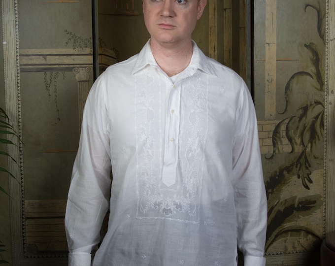 Vintage 1960s Filipino Barong Tagalog Embroidered Formal French Cuff Cotton Shirt
