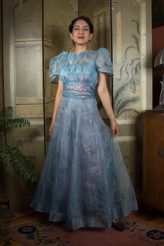 1930s Dress - Uniquely Wonderful 3 Piece Vintage 30s Sheer Summer Puffed Sleeve Silk Dress with Unusual Slip and Appliqued Layering Skirt