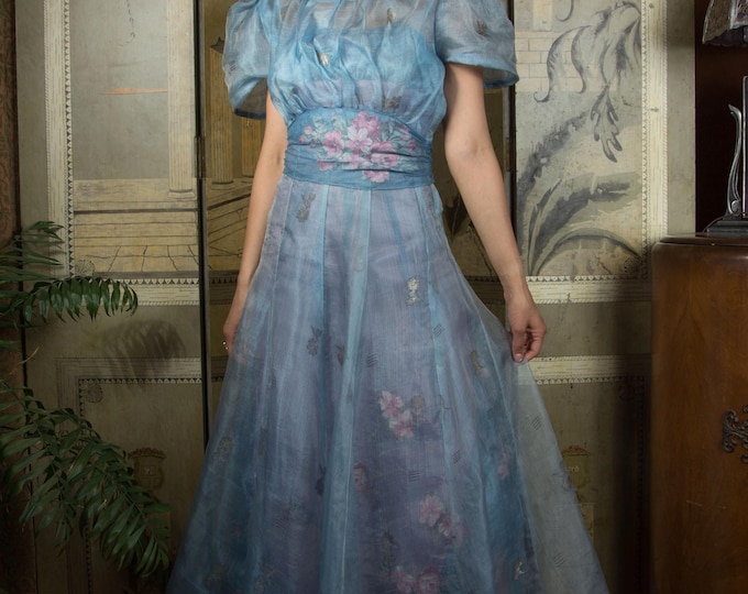 1930s Dress - Uniquely Wonderful 3 Piece Vintage 30s Sheer Summer Puffed Sleeve Silk Dress with Unusual Slip and Appliqued Layering Skirt