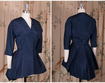 TAG SALE 1950s Eleanora Garnett - Vintage Early 50s Italian Demi Couture Silk Peplum Jacket in Navy Blue
