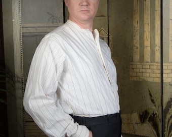 1910s Shirt - RARE Vintage Ideal Brand Coat Shirt Edwardian Collarless Striped Cotton Shirt