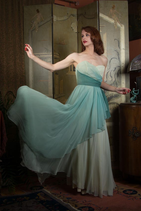 1950s Dress - Ivory and Greens Mermaid Ombre Strapless 50s Cupcake Gown with Soft Net Layers and Side Drape