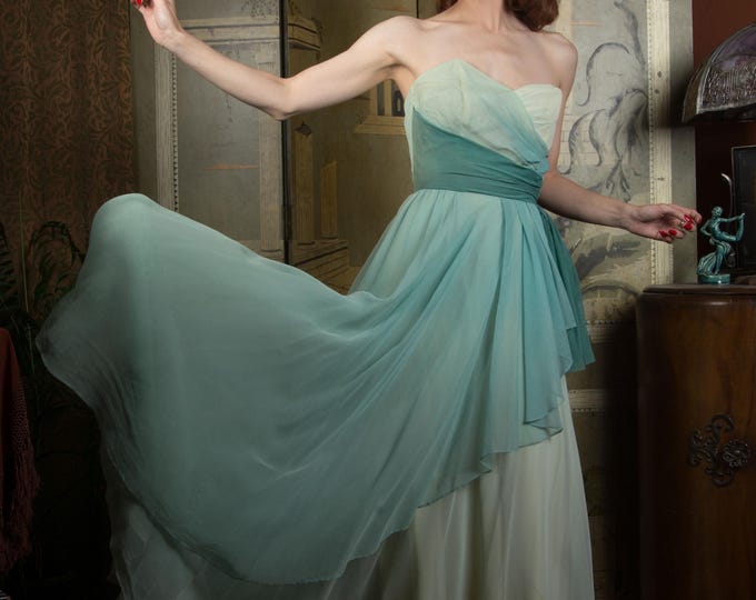 1950s Dress - Ivory and Greens Mermaid Ombre Strapless 50s Cupcake Gown with Soft Net Layers and Side Drape