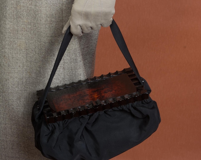 1940s Purse - Soft Black Faille Handbag with Rootbeer Bakelite Lid AND Matching Coin Purse