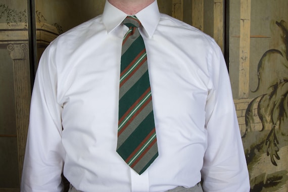 Vintage 1930s 40s Silk and Wool Killarney Popline Striped Tie in Lustrous Green with Grey, White and Rust