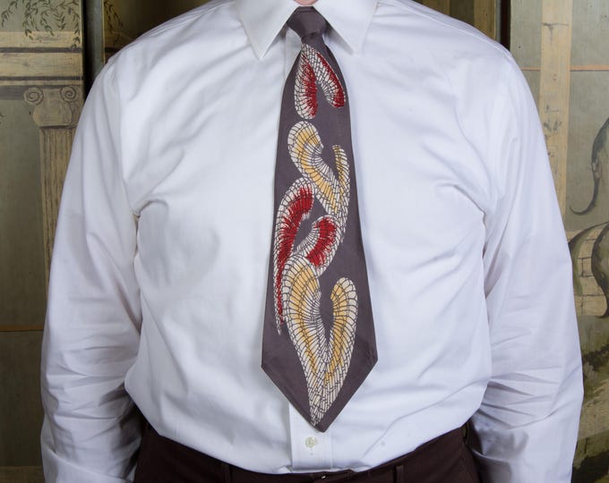Vintage 1940s Towncraft Deluxe Necktie with Hawaiian Anthurium Foliage Print in Yellow and Red on Grey