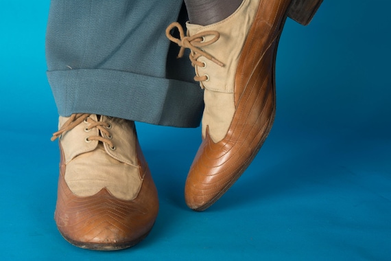 1970s Vintage Shoes Size 10 D - Jean Pier Clemente Leather and Canvas Top Stitched Summer Spectator Oxfords with 1930s Inspiration