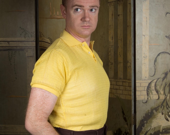 Deadstock Vintage 1960s Open Mesh Pullover Knit Short Sleeve Sweater in Yellow from Utah Knitting Mills