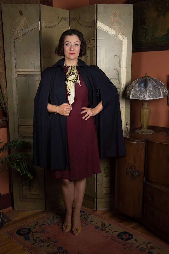 1940s Wool Cape in Navy Blue with Button Trimmed Arm Vents and Scarf Holes