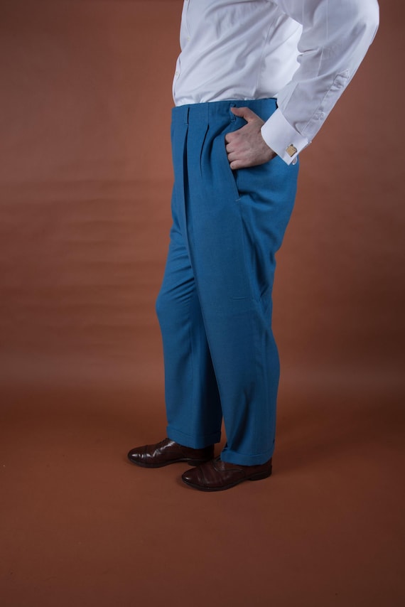 Vintage 1970s does 50s Hollywood Waist Pleated Trousers in Vibrant Blue with Dropped Loops