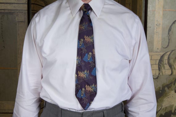 Vintage 1930s Brocade Tie in Blue with Pastel Carriage and Castle Theme