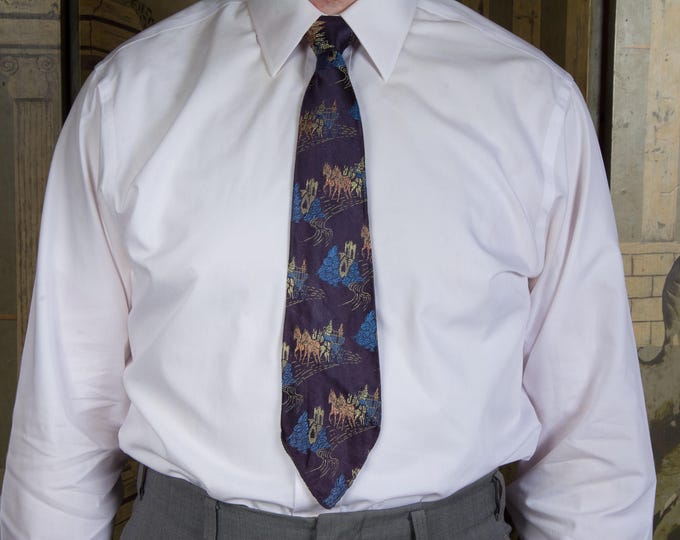Vintage 1930s Brocade Tie in Blue with Pastel Carriage and Castle Theme